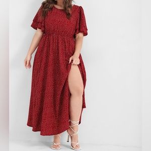 BLOOMCHIC Polka Dot Pocket Ruffles Split Maxi Dress Burgundy Plus Size 18
